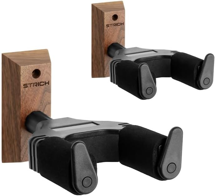 STRICH Guitar Wall Mount,Walnut Base Guitar Hanger,U-Shaped Guitar Wall Hanger Mount with Screws,Auto Lock Guitar Holder Hook Stand for Acoustic, Electric Guitar, Banjo, Bass(2-Pack) - Image 1